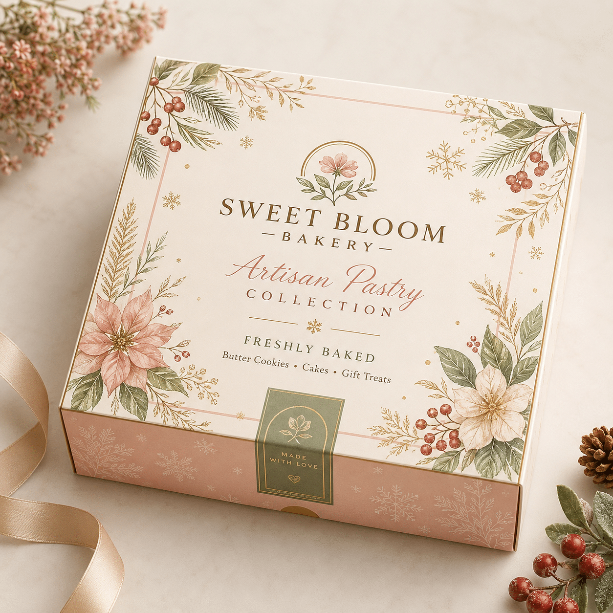 Custom luxury bakery gift box with elegant floral printing and gold foil details, designed for artisan pastries, butter cookies, cakes and seasonal gift packaging.