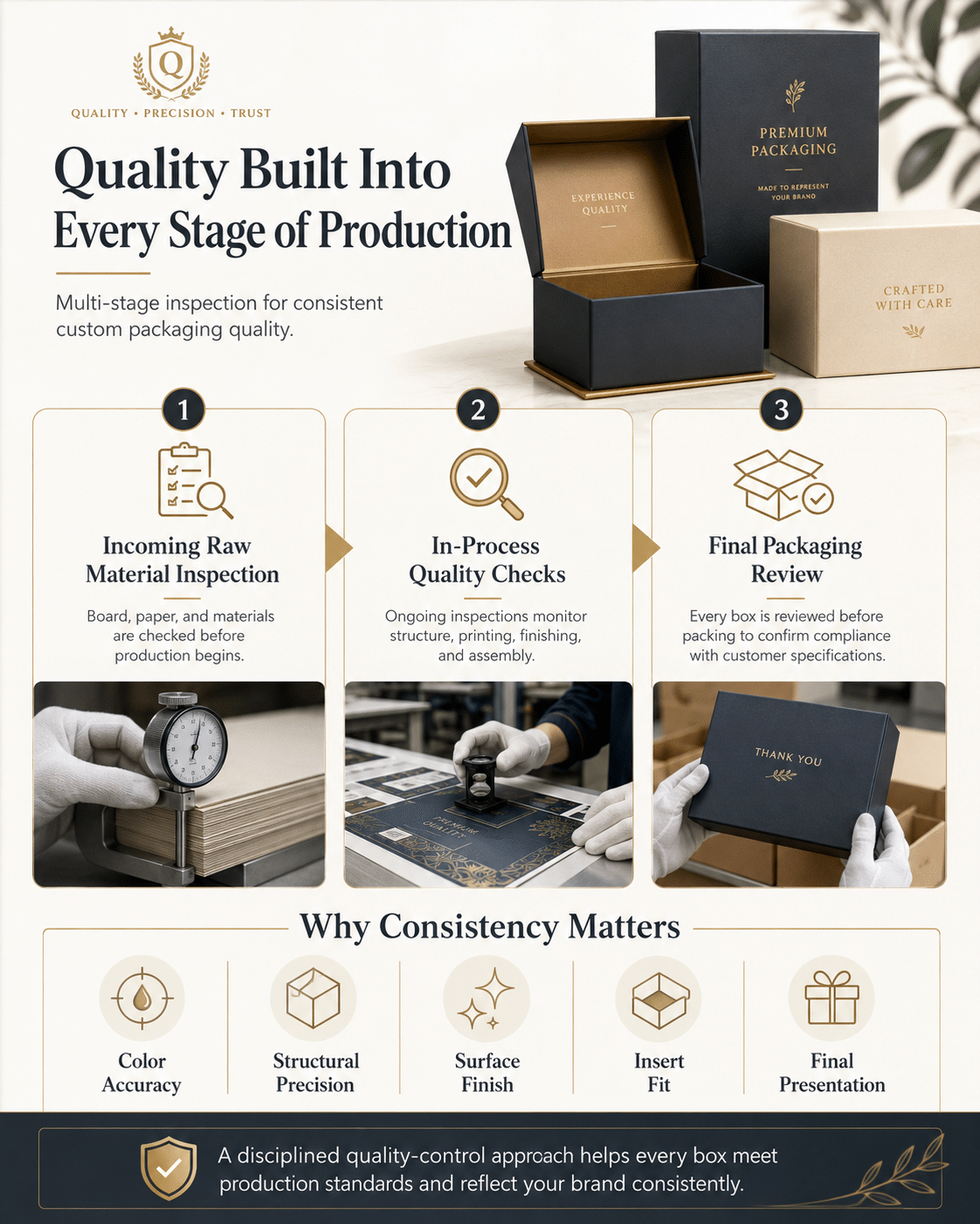 Custom packaging quality control process covering incoming raw material inspection, in-process quality checks and final packaging review for consistent luxury rigid box production.