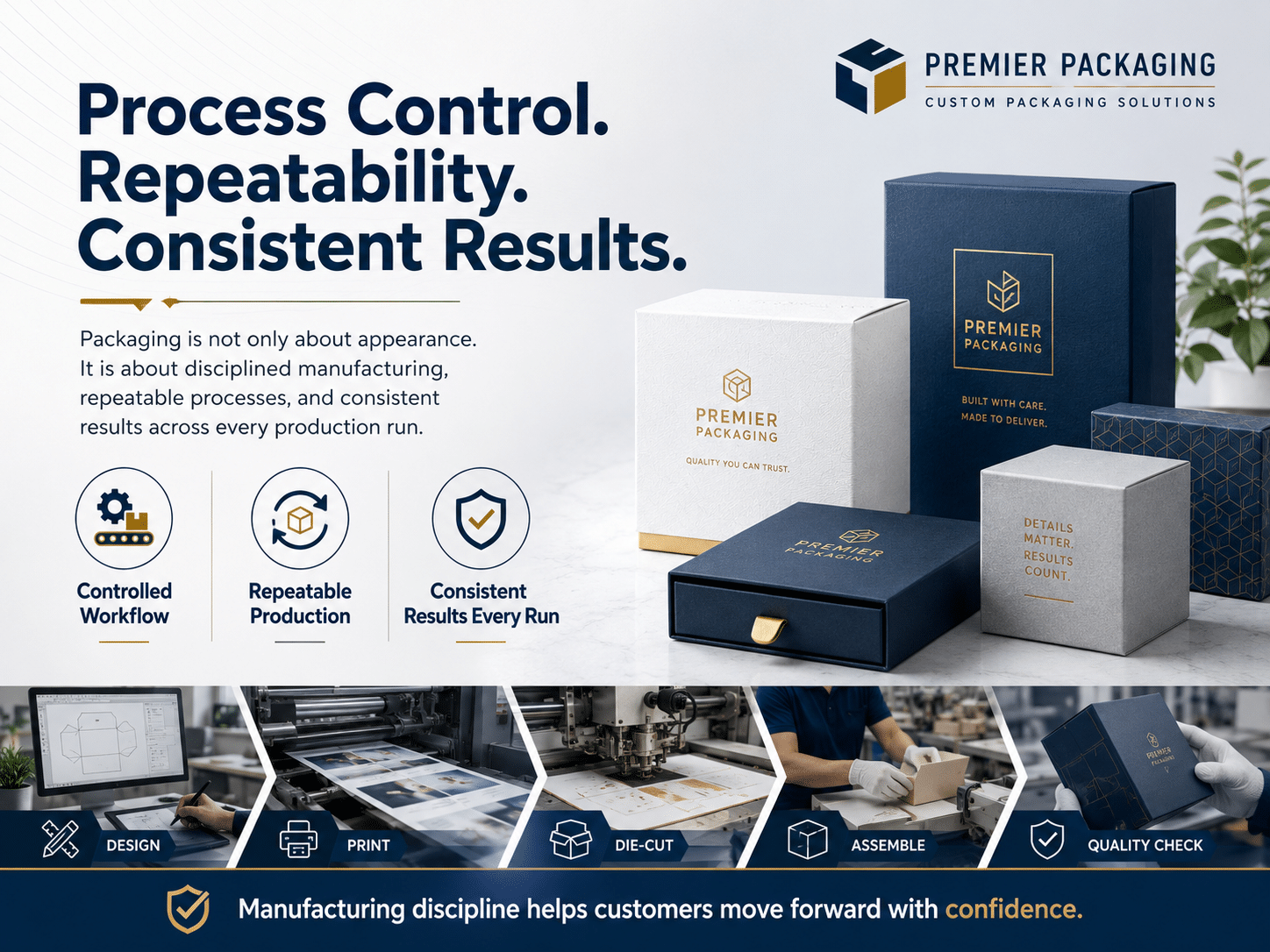 Custom packaging manufacturing process focused on controlled workflow, repeatable production and consistent results across design, printing, die-cutting, assembly and quality inspection.
