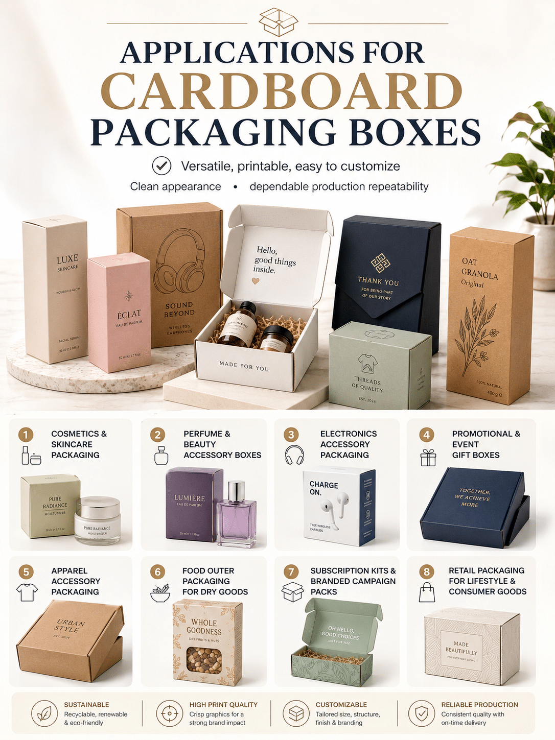 Custom cardboard packaging boxes for cosmetics, perfume, electronics, gifts, apparel, dry food, subscription kits and retail consumer products