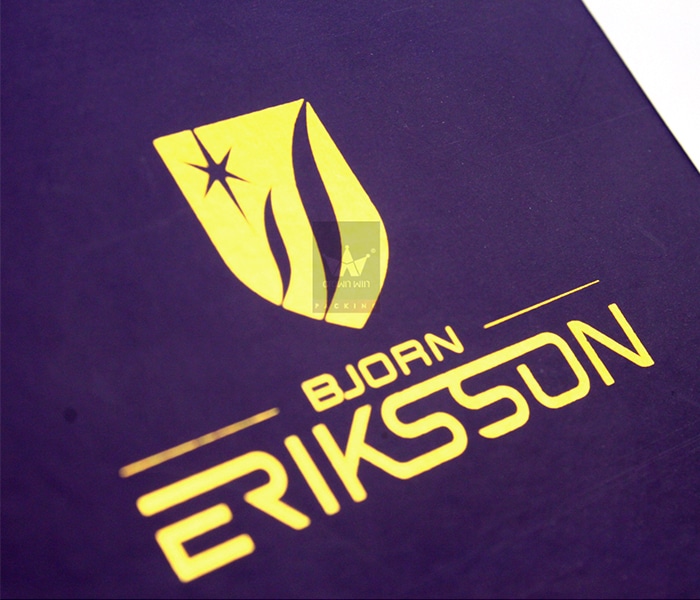 Close-up of luxury packaging box featuring gold foil stamped logo “BJORN ERIKSSON” on deep purple surface, showcasing premium embossing and brand identity design.