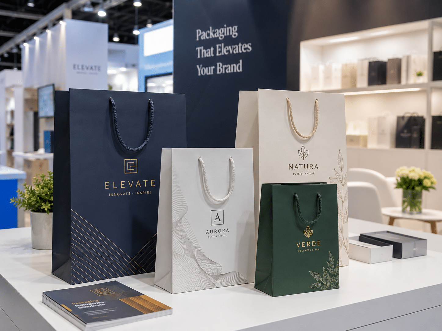 Custom branded paper shopping bags with rope handles and foil logos displayed at a packaging trade show booth