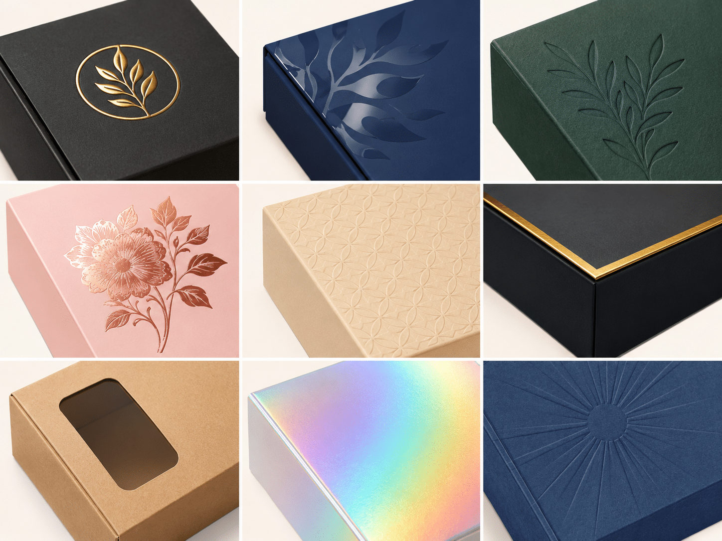 Custom cardboard packaging boxes featuring gold foil stamping, spot UV, embossing, debossing, window cutouts, holographic film and textured paper finishes