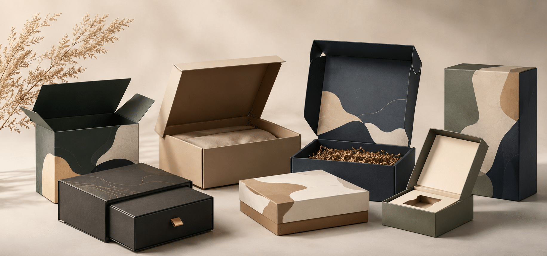 Custom cardboard boxes in rigid, drawer, magnetic closure, folding carton and lid-and-base styles for luxury gifts and retail product packaging