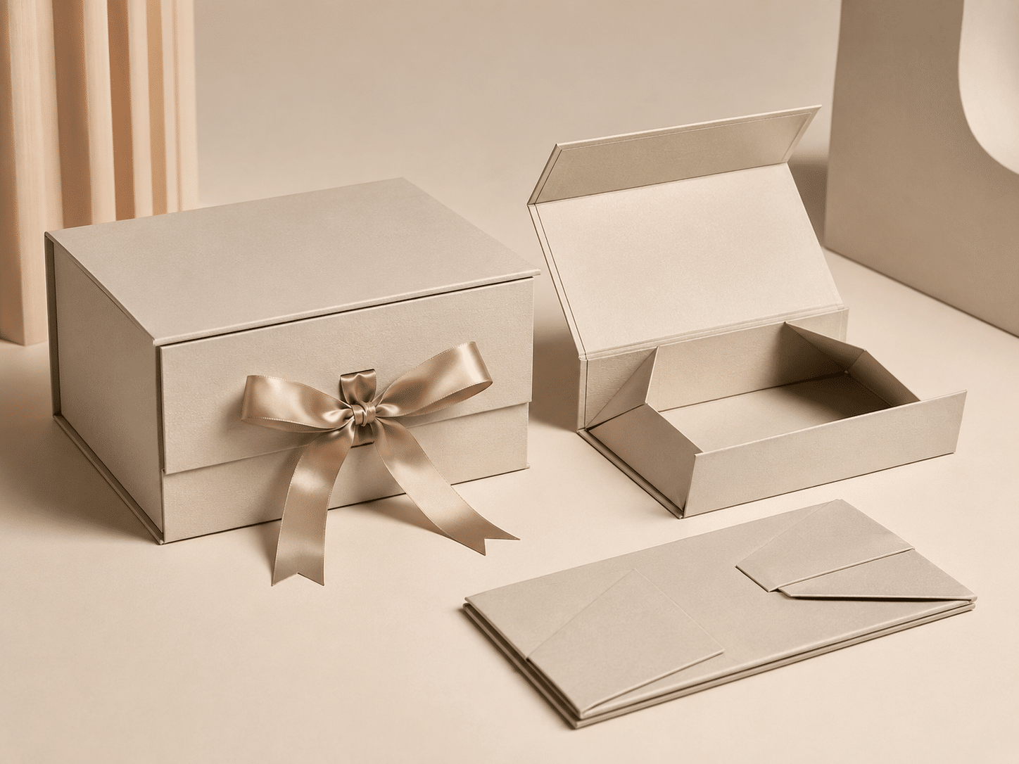 Custom champagne-colored foldable magnetic rigid gift box with satin ribbon bow, shown assembled, open and flat-packed for luxury gifts, cosmetics and premium retail packaging.