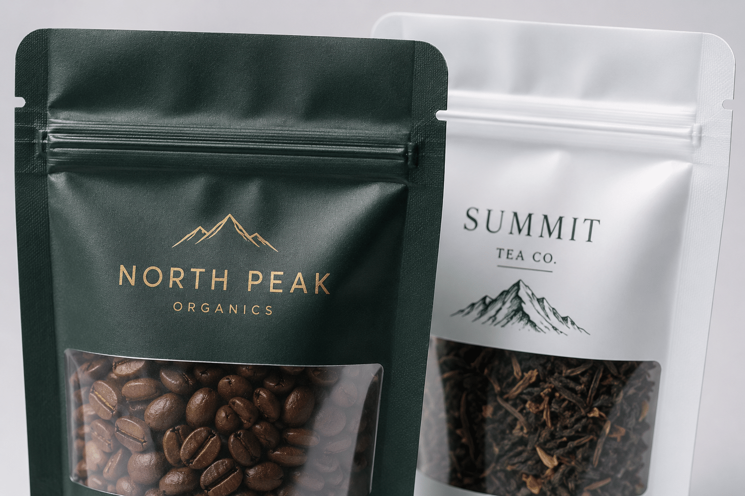 Custom printed coffee and tea Mylar bags with resealable zipper closures and transparent product windows