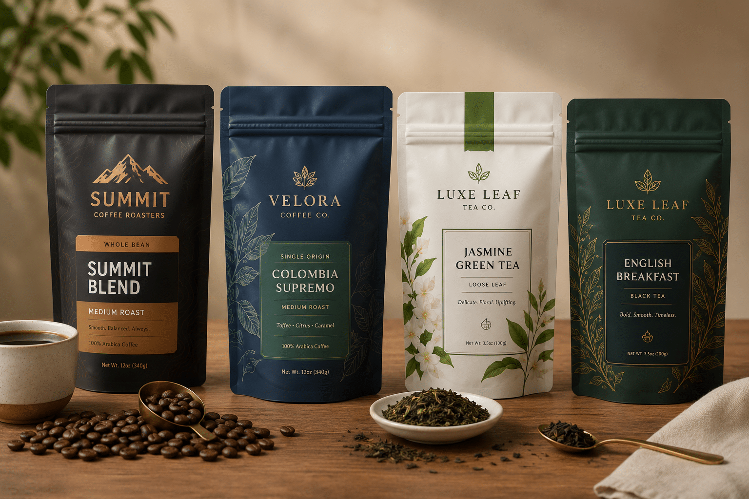 Premium custom printed stand-up pouches for roasted coffee beans, green tea and loose-leaf black tea packaging