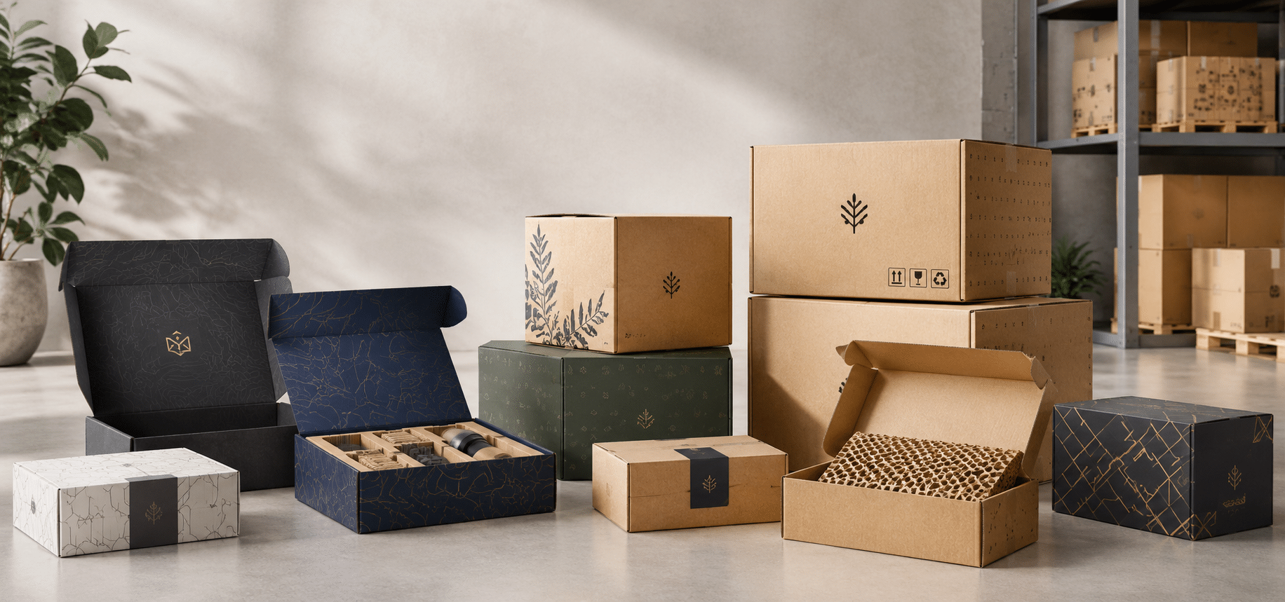 Custom corrugated packaging boxes in kraft, black and navy designs with protective honeycomb and molded inserts for shipping, e-commerce and premium product packaging