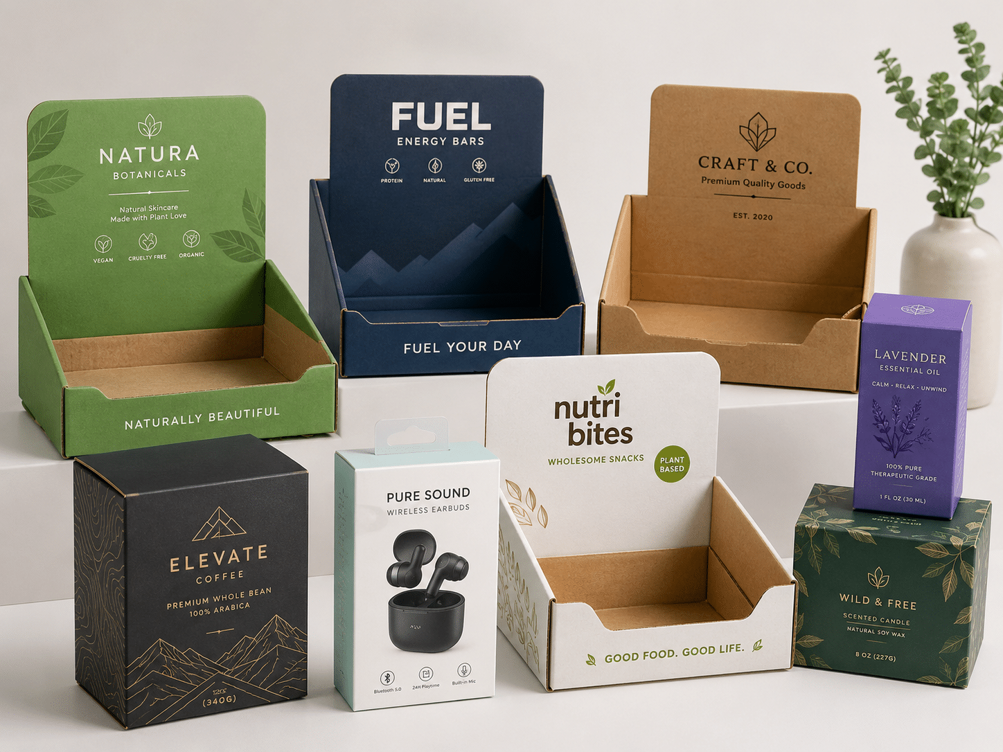 Custom printed corrugated display boxes and folding cartons for skincare, snacks, energy bars, coffee, electronics, essential oils and candle retail packaging