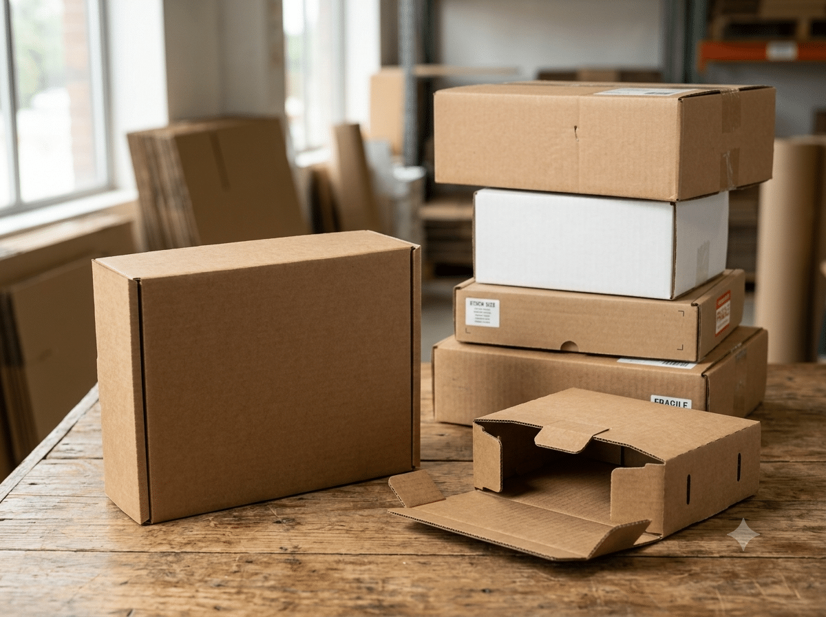 Custom kraft corrugated mailer boxes and shipping cartons in multiple sizes for e-commerce delivery, retail products and protective packaging
