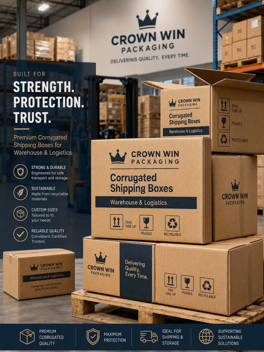 Custom printed corrugated shipping boxes with recyclable symbols and handling icons for warehouse storage, logistics, freight transport and protective product delivery