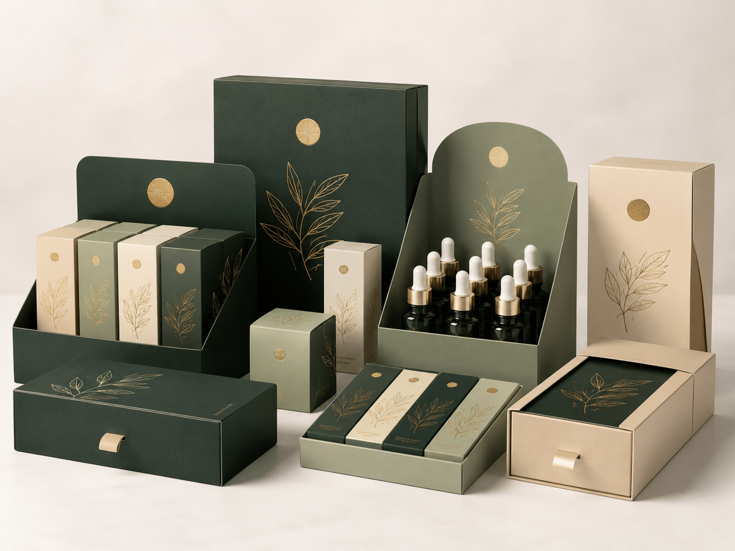 Custom green and beige cardboard boxes with gold foil botanical designs, including drawer boxes, folding cartons and retail display packaging for skincare products