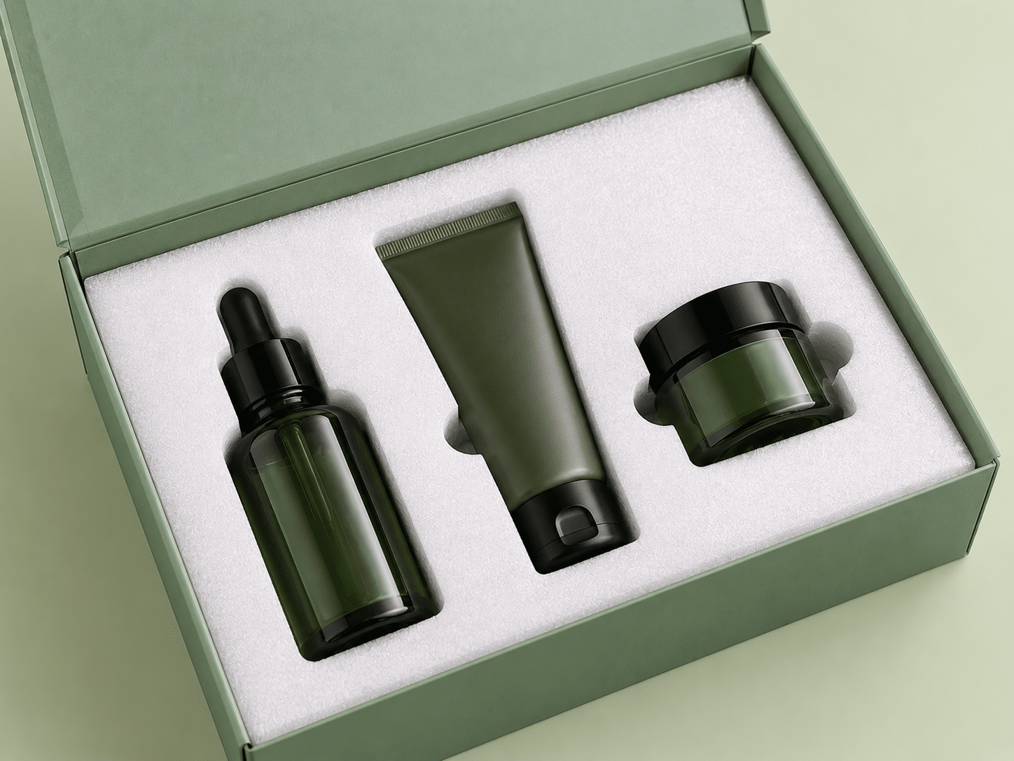 Custom green corrugated mailer box with white protective foam insert holding skincare bottles, tubes and cosmetic jars securely