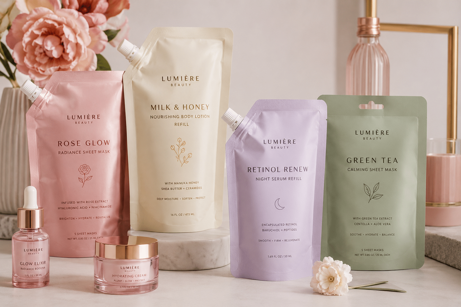 Custom flexible packaging pouches for body lotion refills, facial serum, skincare products and sheet masks