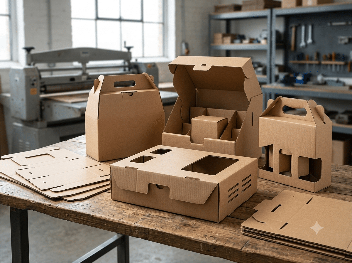 Custom die-cut corrugated packaging boxes with carrying handles, product inserts, bottle compartments and flat-pack structures for protective retail and transport packaging