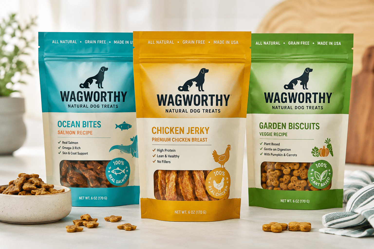 Custom printed resealable Mylar bags with transparent windows for salmon bites, chicken jerky and dog biscuits