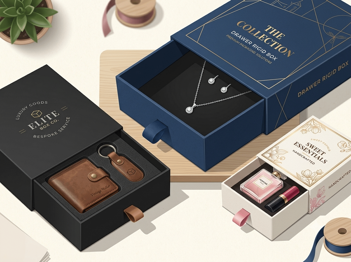 Custom navy, black and white drawer rigid gift boxes with ribbon pulls, gold foil printing and fitted inserts for jewelry, cosmetics and premium accessories packaging.