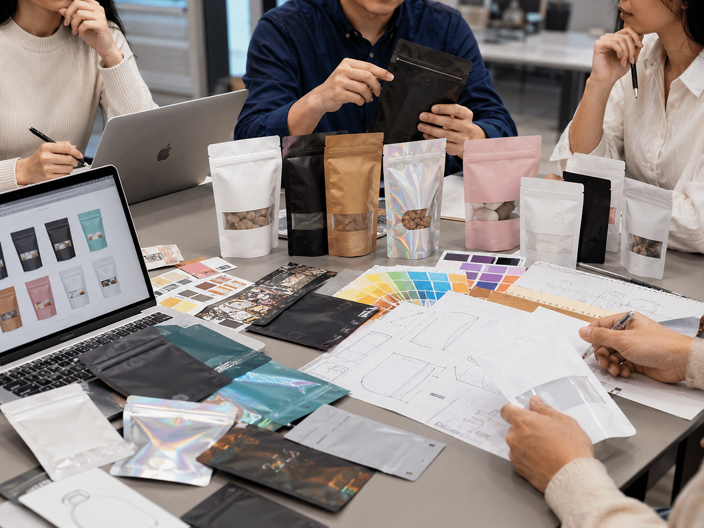 Packaging design team reviewing custom Mylar bag samples, colors, structures and printed flexible pouch materials