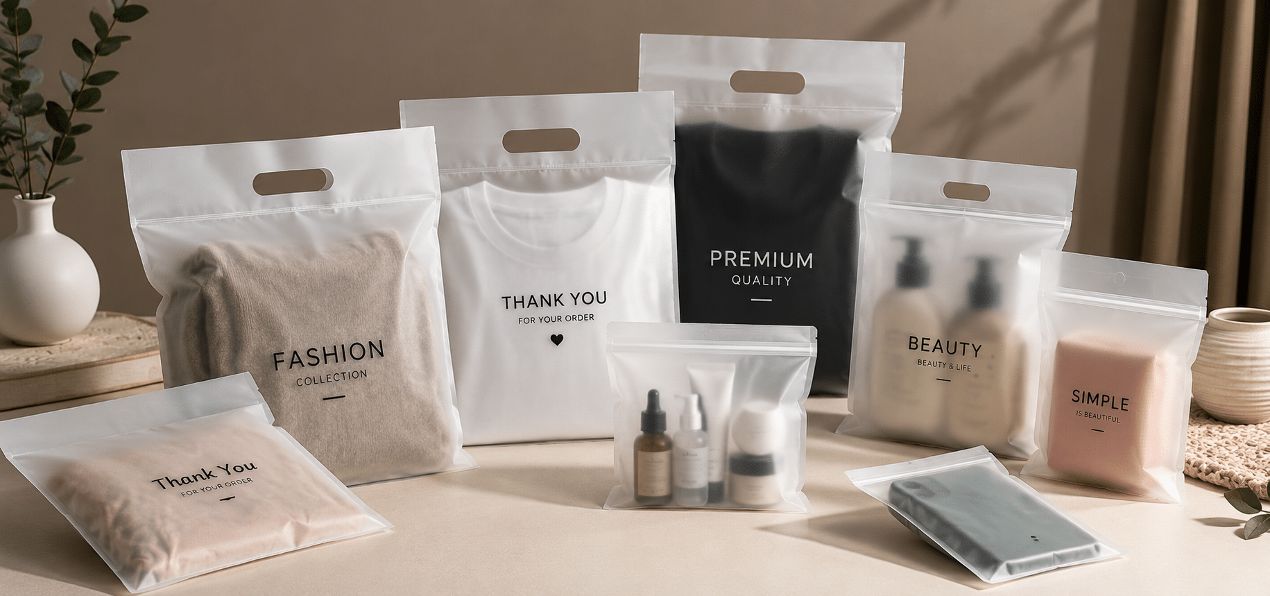 Custom frosted Mylar zipper bags with die-cut handles for clothing, cosmetics, skincare products and electronic accessories