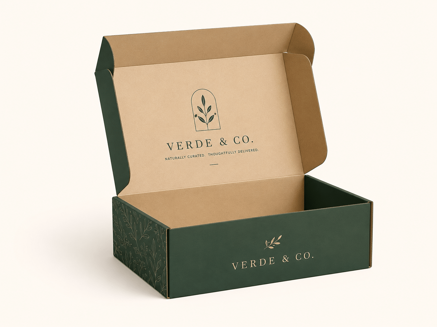 Open custom green corrugated mailer box with kraft interior, botanical artwork and branded logo for e-commerce, subscription and gift packaging