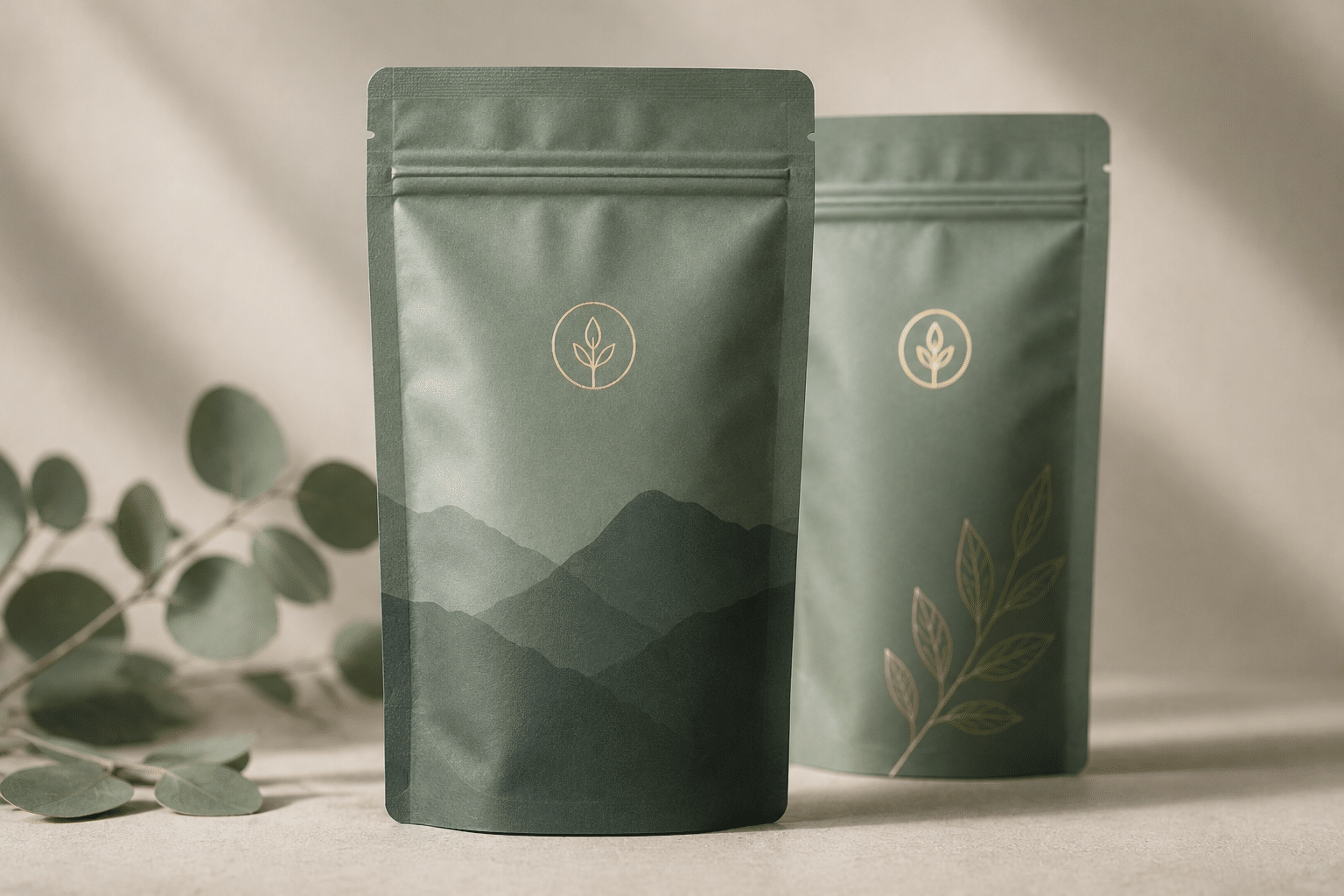 Custom green matte stand-up Mylar bags with resealable zippers, gold logos and botanical packaging designs