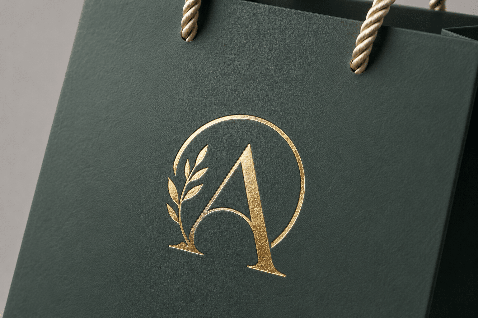 Close-up of a custom dark green paper shopping bag with textured paper, twisted rope handles and gold foil logo