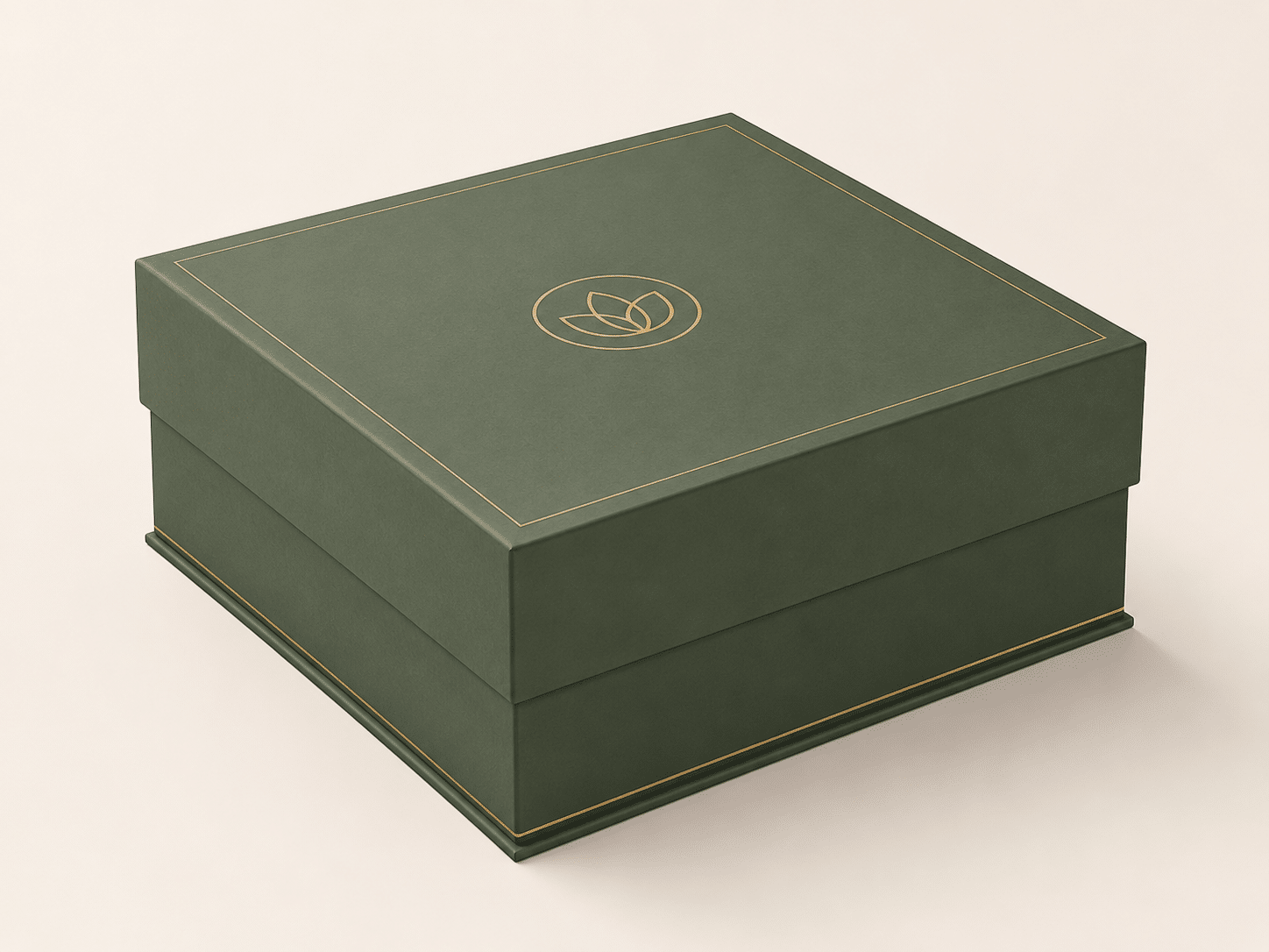 Custom dark green rigid cardboard lid-and-base box with gold foil logo and border for luxury gift, cosmetic and retail product packaging