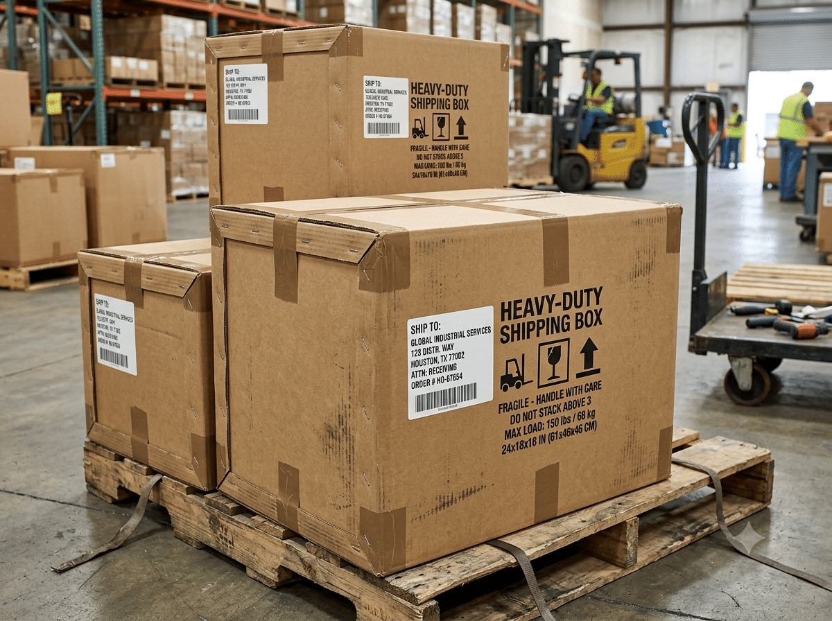 Custom heavy-duty corrugated shipping boxes secured on wooden pallets for industrial products, warehouse storage, freight transport and export packaging