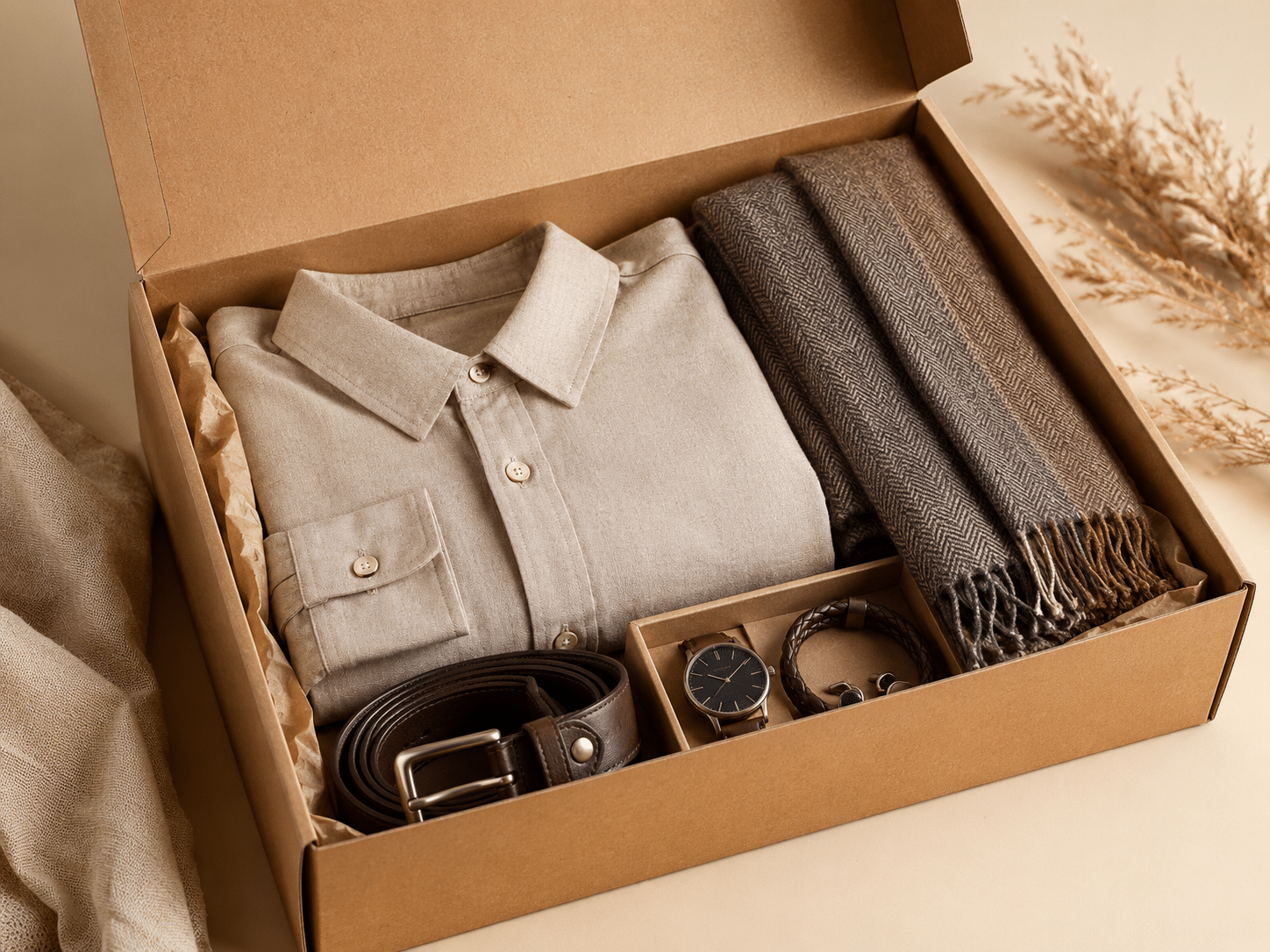 Custom kraft apparel packaging box holding a folded shirt, scarf, belt, watch and accessories for retail and e-commerce clothing orders