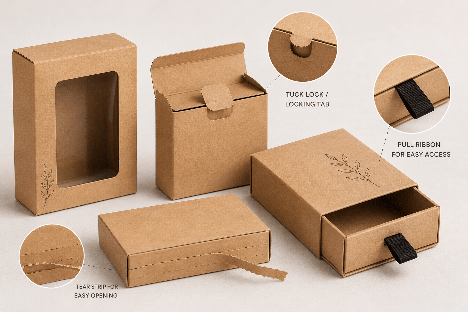 Custom kraft packaging boxes with clear windows, tuck-lock tabs, tear strips and ribbon pulls for easy opening and convenient product access