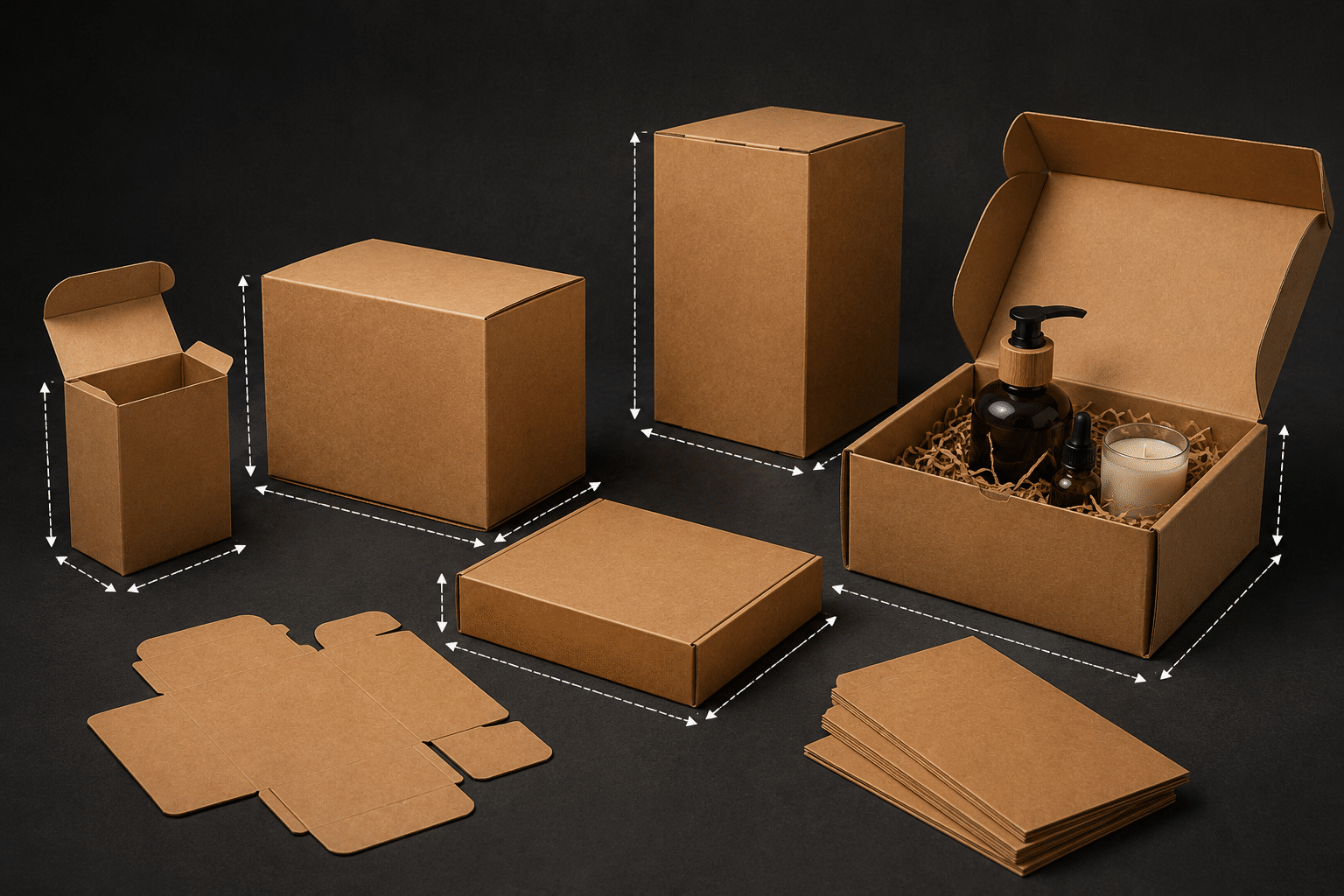 Custom kraft packaging boxes in multiple sizes and structures with dimension guides, flat dielines and an open mailer box for skincare, candles and gift products