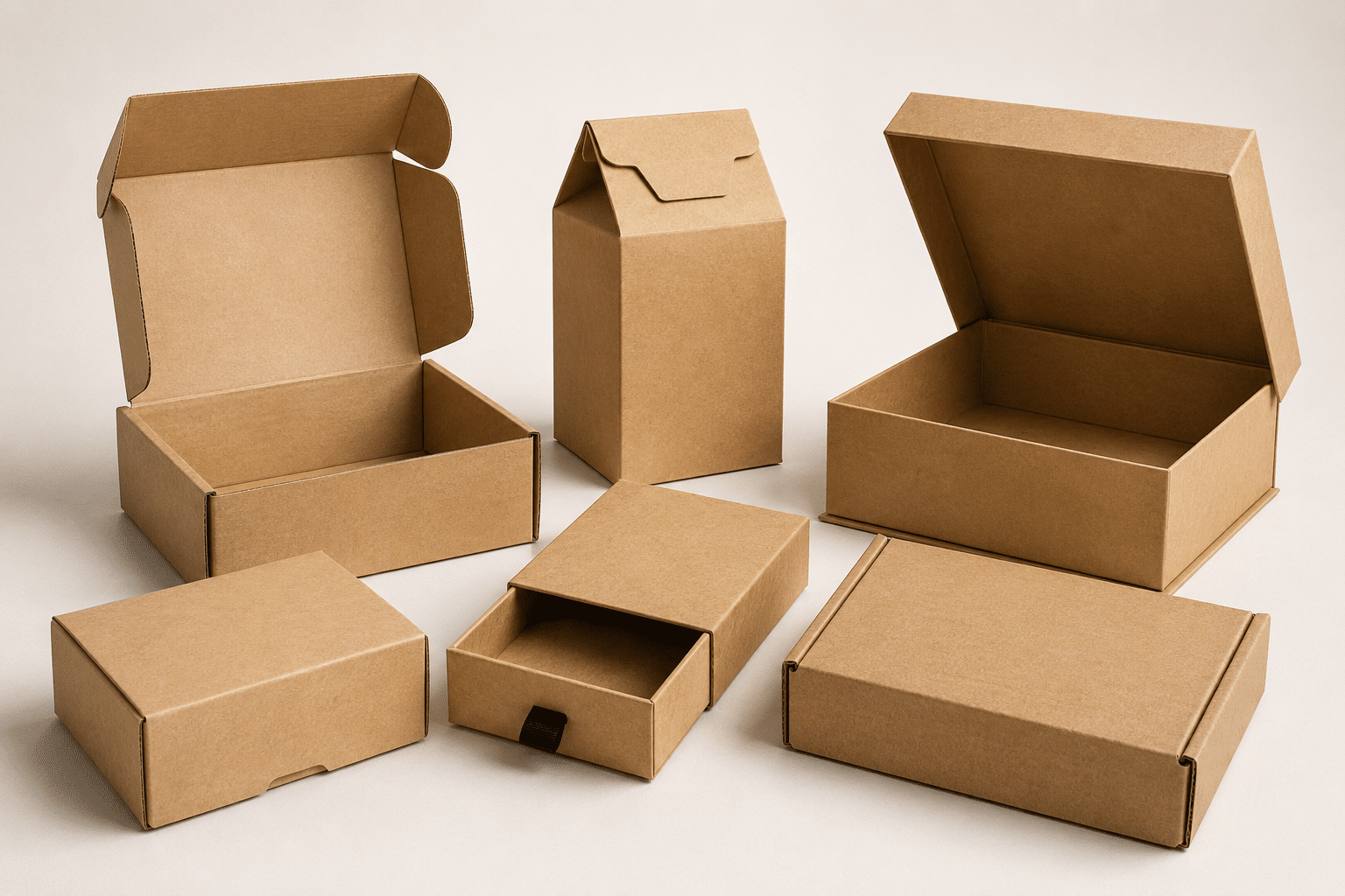 Custom kraft box structure options including mailer boxes, folding cartons, drawer boxes, lid-and-base boxes and gable-top packaging