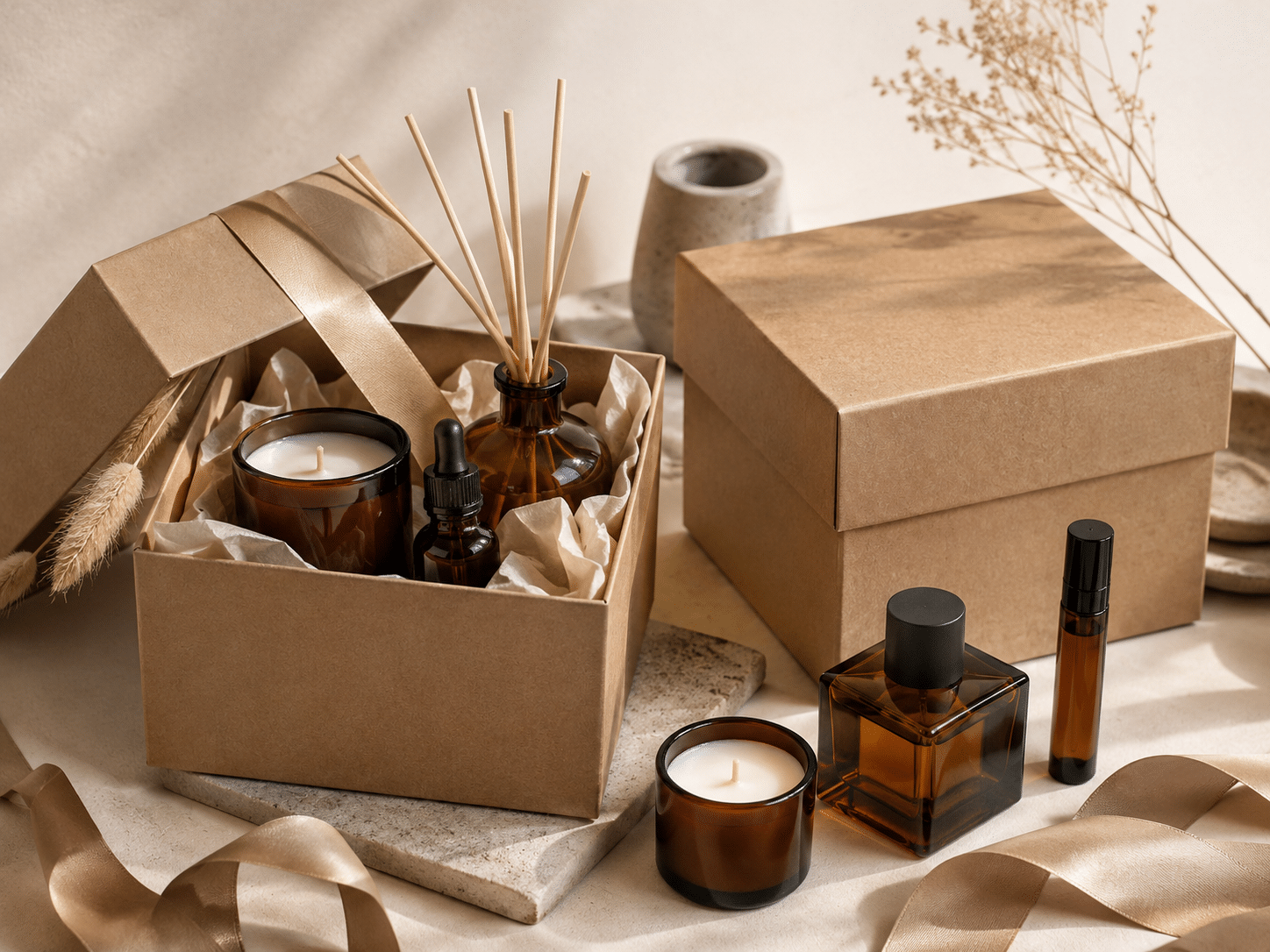 Custom kraft gift boxes for scented candles, reed diffusers, essential oils and fragrance products with tissue paper and ribbon decoration