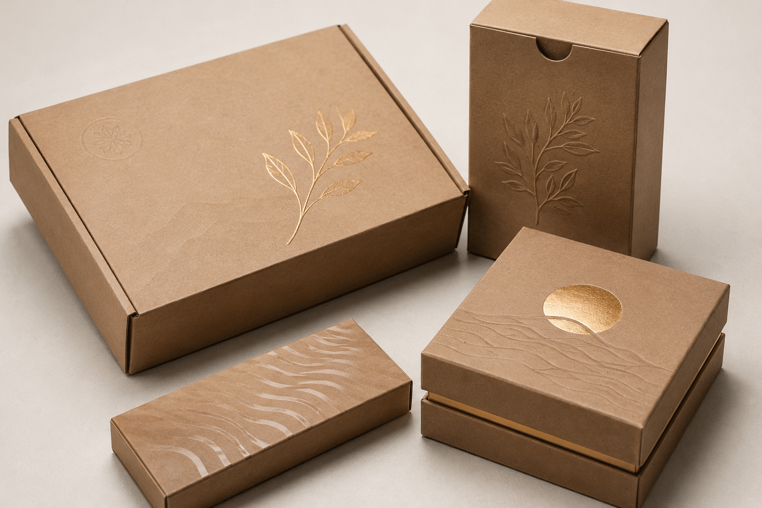 Custom kraft packaging boxes featuring gold foil stamping, embossing, debossing and printed patterns for premium branded product packaging