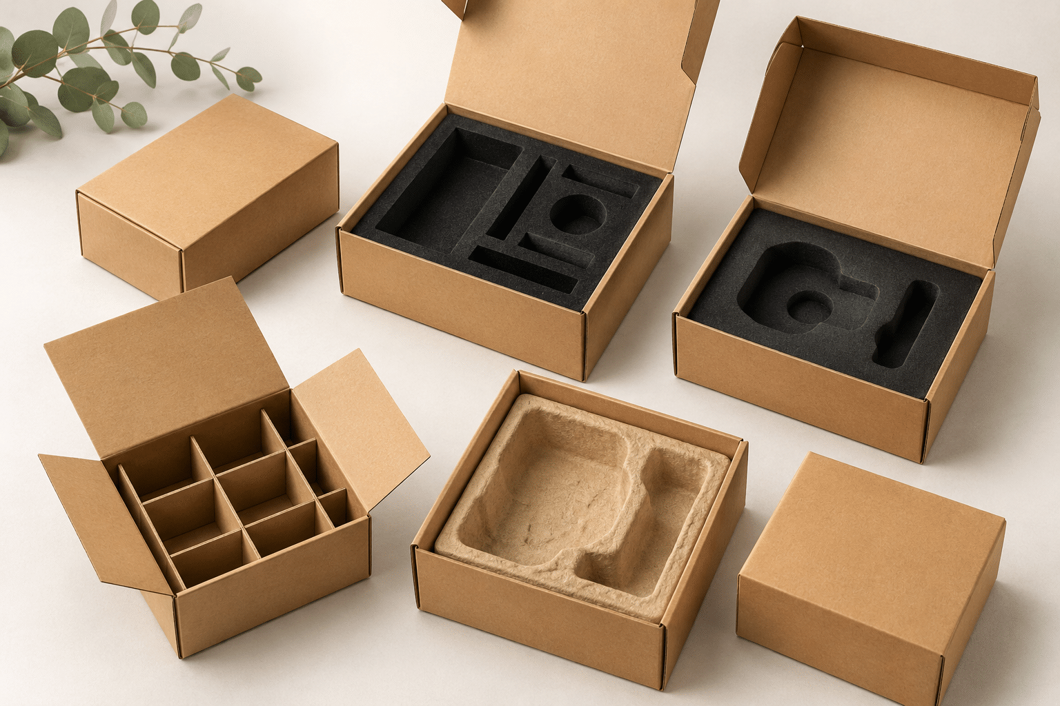 Custom kraft packaging boxes with EVA foam, cardboard divider and molded pulp inserts for secure product protection and organized presentation