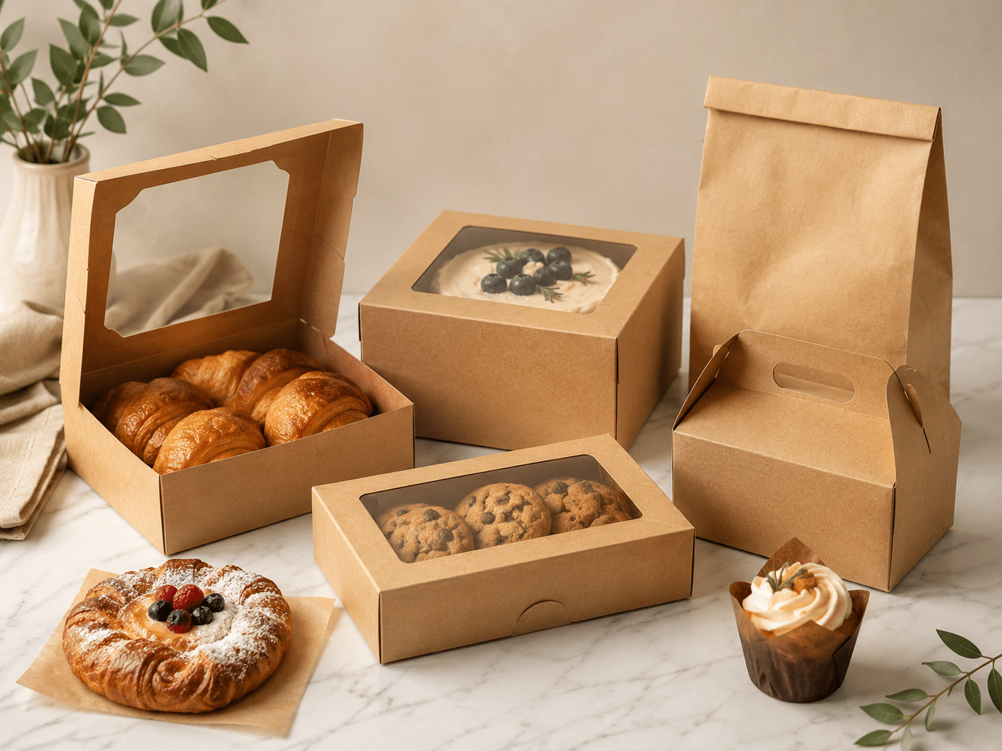 Custom kraft bakery boxes with clear windows and handles for croissants, cookies, cakes, pastries, cupcakes and takeaway food packaging