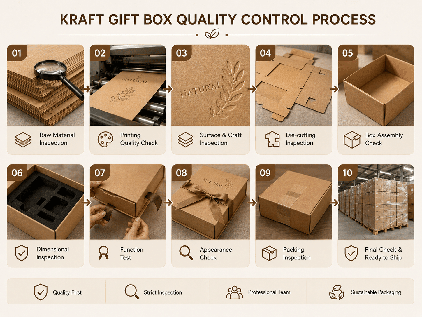 Custom kraft gift box quality control process covering material inspection, printing, die cutting, assembly, dimensions, appearance, packing and final shipment checks
