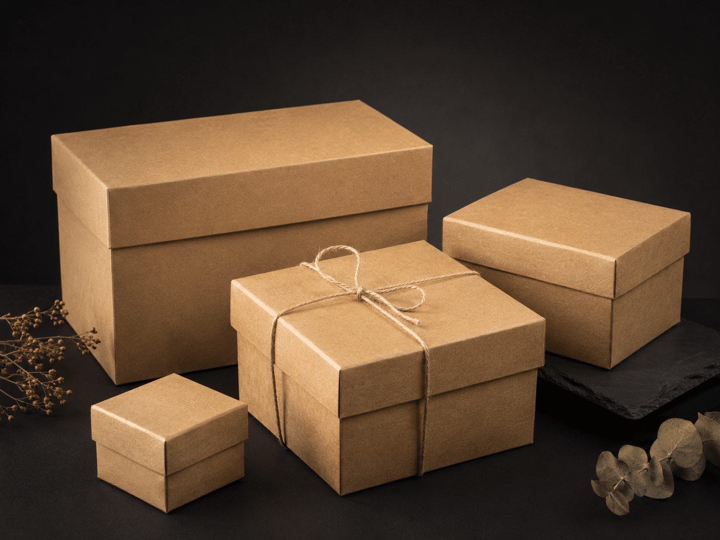 Custom kraft lid-and-base gift boxes in multiple sizes with natural twine decoration for retail, promotional and product packaging