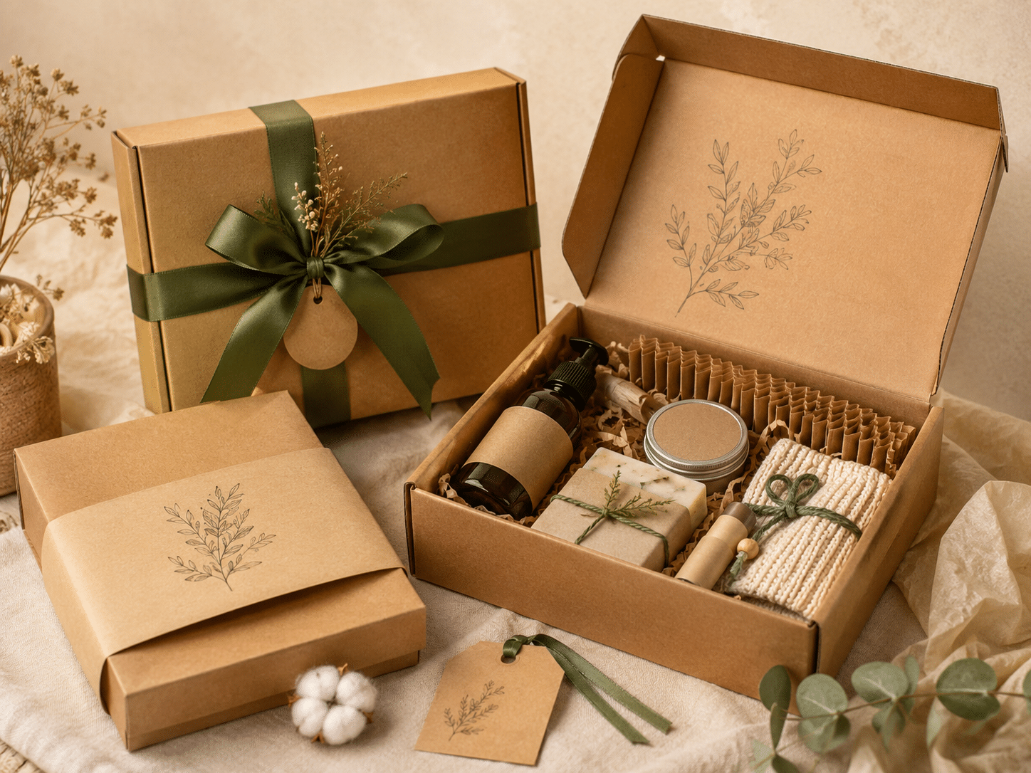 Custom kraft gift boxes with green ribbon, botanical printing and personal care products for promotional gifts and branded product sets