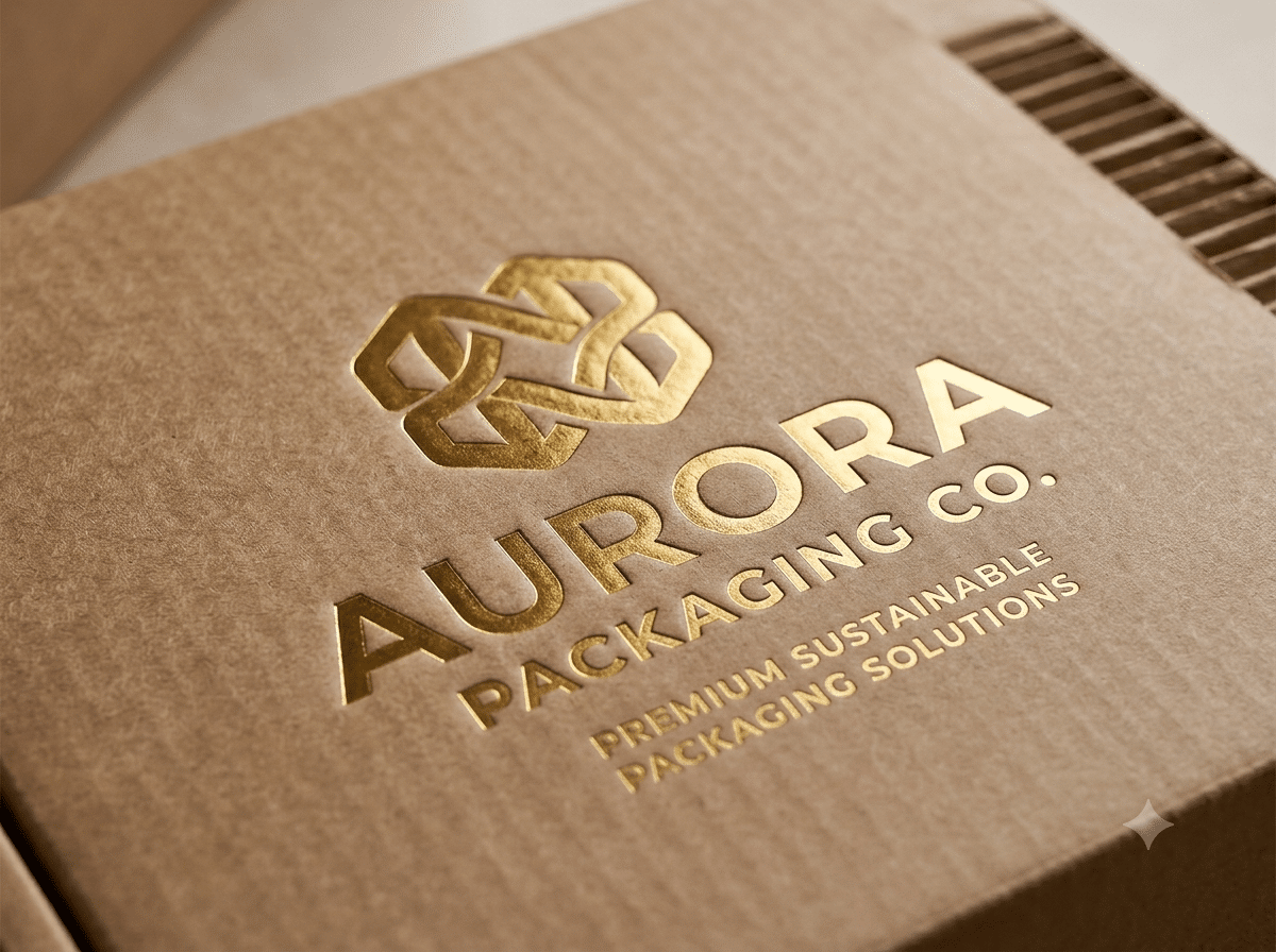 Close-up of a custom kraft corrugated mailer box featuring a gold foil stamped logo for premium sustainable branded packaging