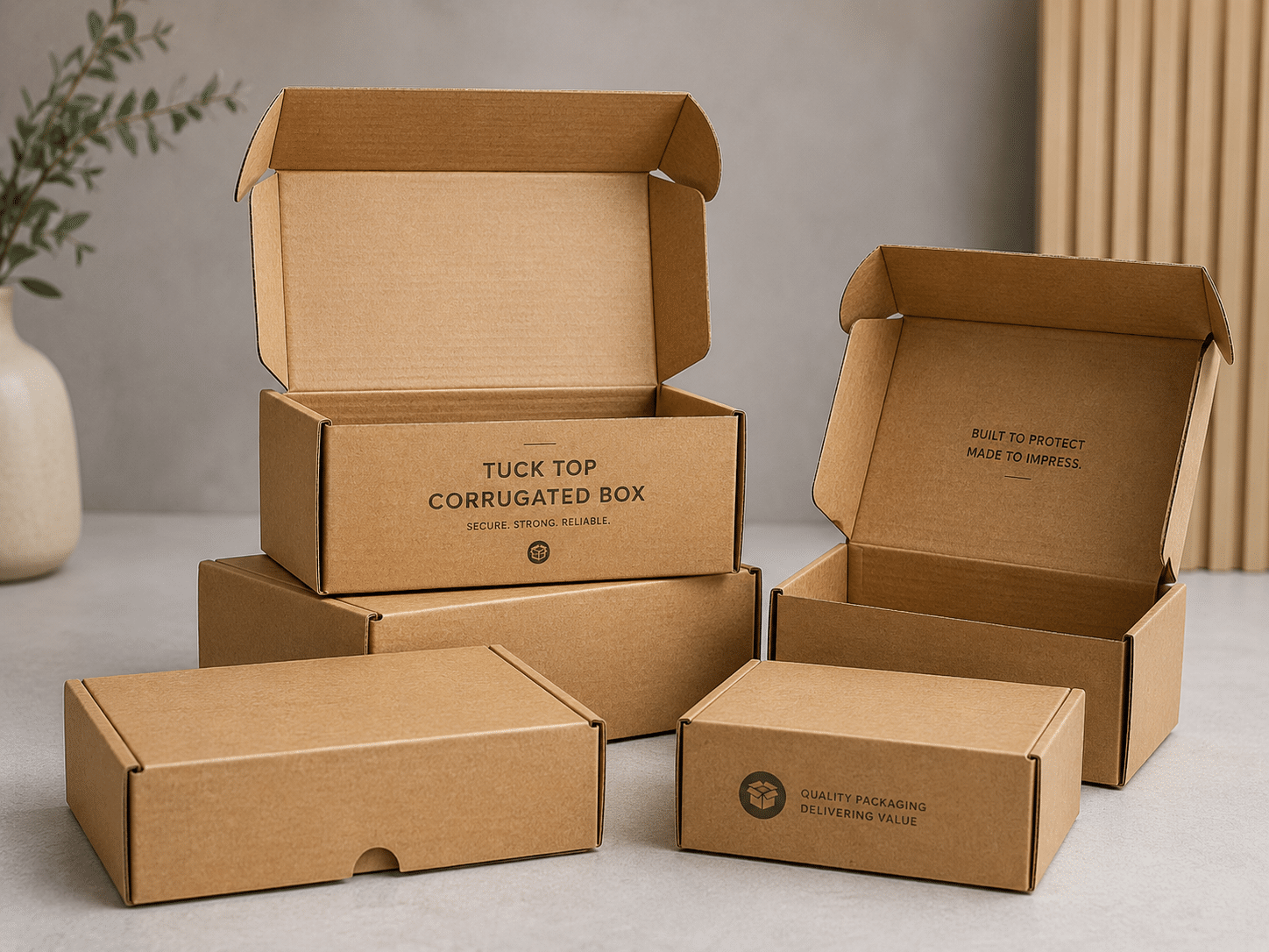 Custom kraft tuck top corrugated mailer boxes in multiple sizes for e-commerce shipping, retail product packaging and protective delivery