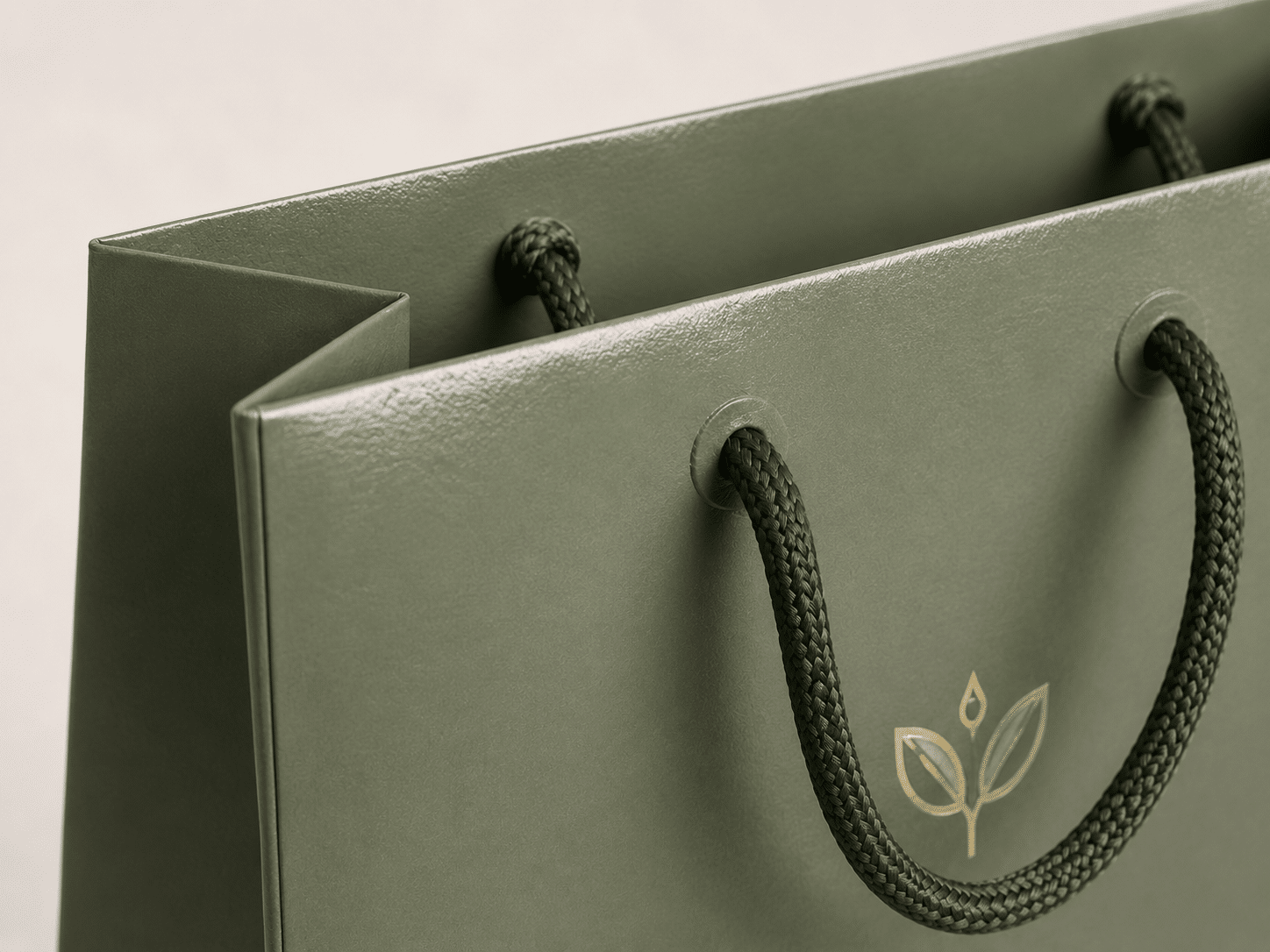 Custom green laminated paper shopping bag with a smooth protective coating, rope handles and gold foil logo for luxury retail, cosmetics and gift packaging