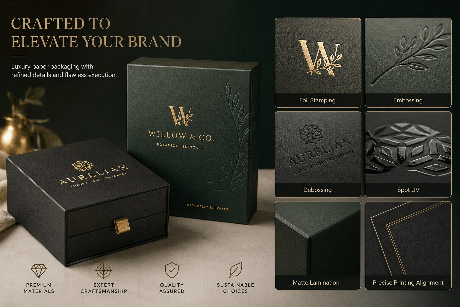 Custom luxury cardboard packaging boxes featuring gold foil stamping, embossing, debossing, spot UV, matte lamination and precise printing alignment for premium skincare and gift packaging