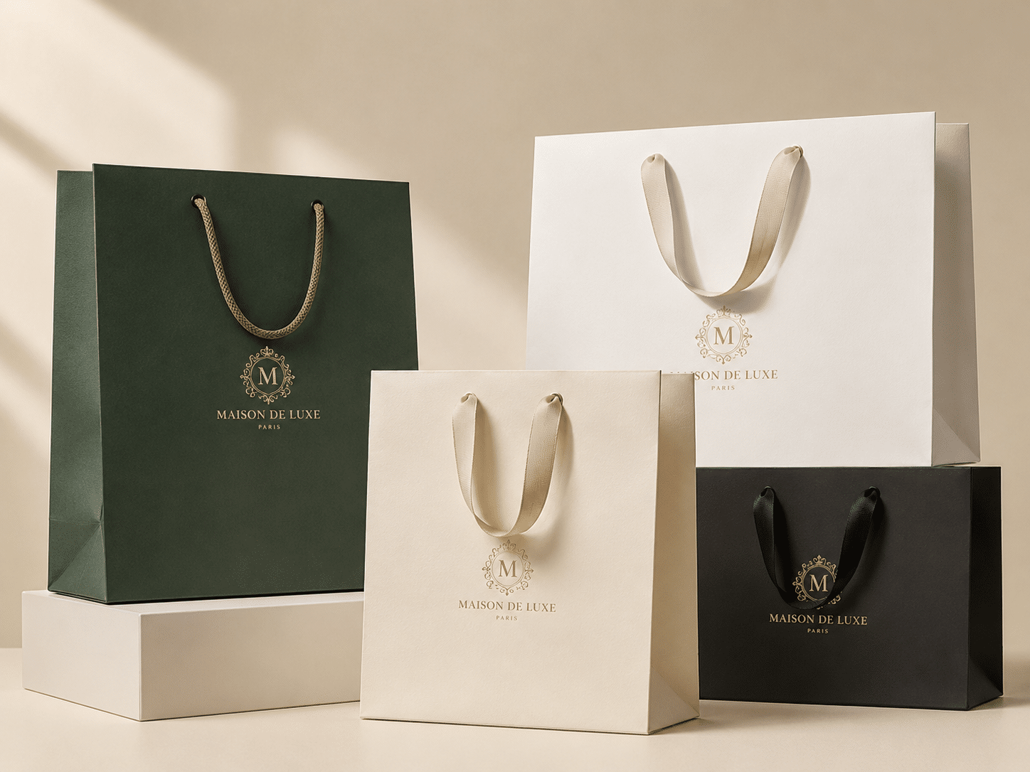 Custom luxury paper bags in green, kraft, white, black, cream and pink with ribbon or rope handles and printed brand logos