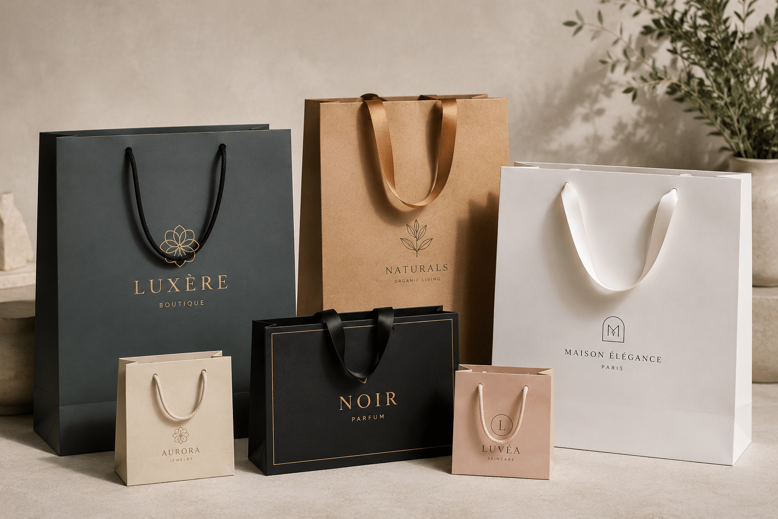 Custom luxury paper shopping bags in black, kraft, white, cream and pink with rope or ribbon handles and gold foil branding