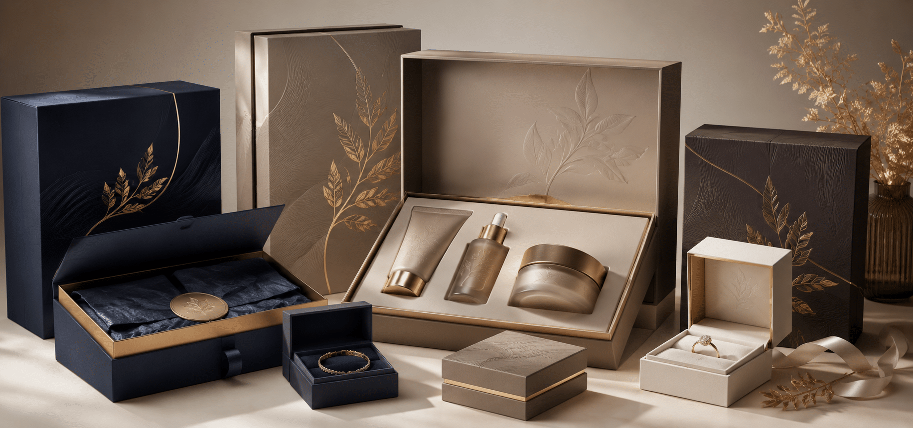 Custom luxury rigid packaging boxes in navy, beige and brown with gold foil botanical details, embossed finishes and fitted inserts for skincare sets, cosmetics and jewelry.