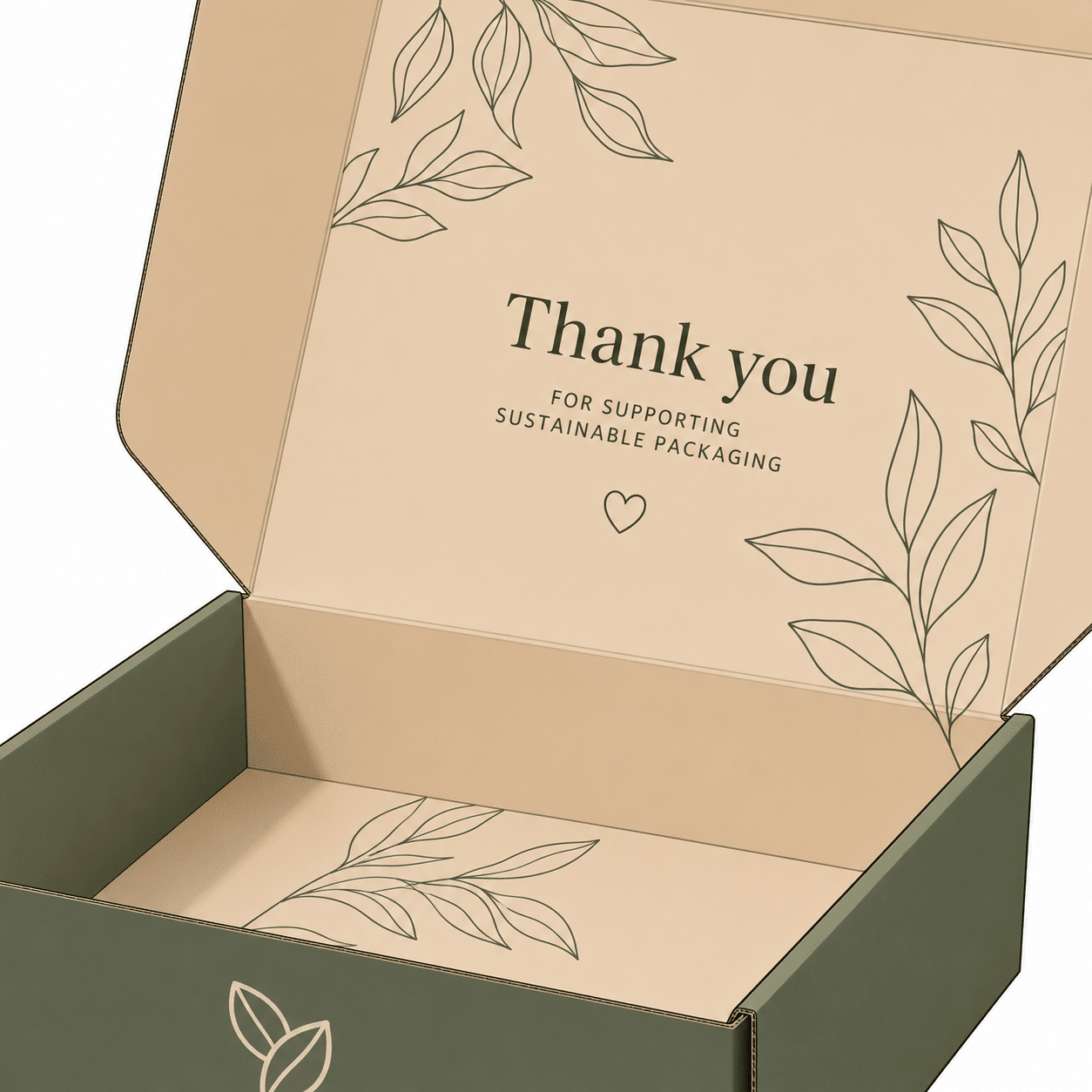 Close-up of a custom green corrugated mailer box with kraft interior printing, botanical illustrations and a thank you message for sustainable packaging