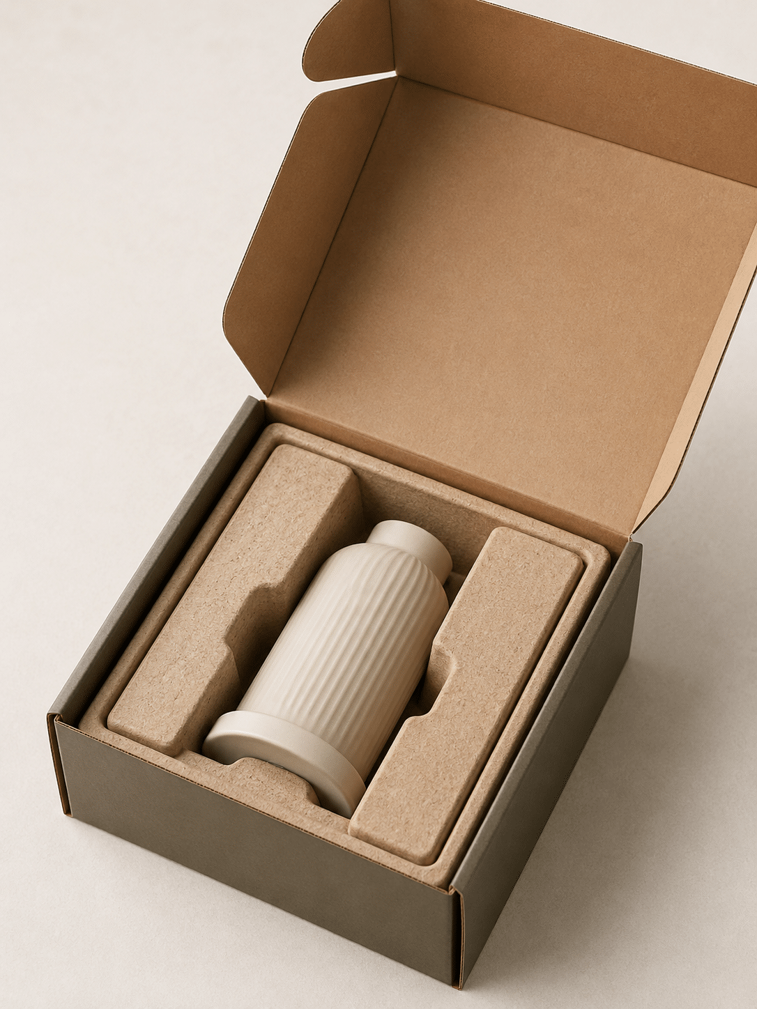 Open custom corrugated mailer box with molded pulp insert designed to secure a bottle during e-commerce shipping and product delivery