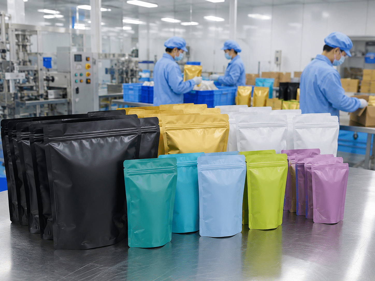 Colorful custom Mylar stand-up zipper bags displayed inside a flexible packaging manufacturing factory