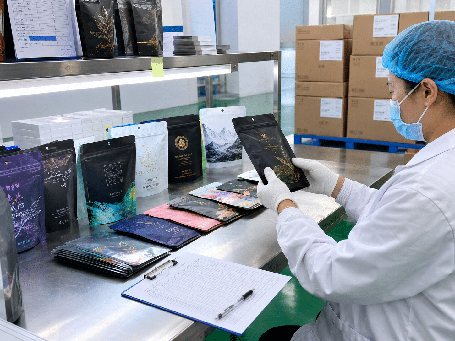 Packaging factory worker inspecting custom printed Mylar bags for print quality, sealing and finished appearance